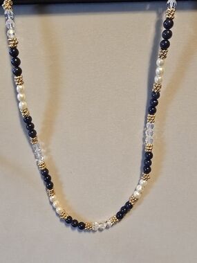 AlexNicole Navy and Pearl Beaded Necklace with Gold Accents